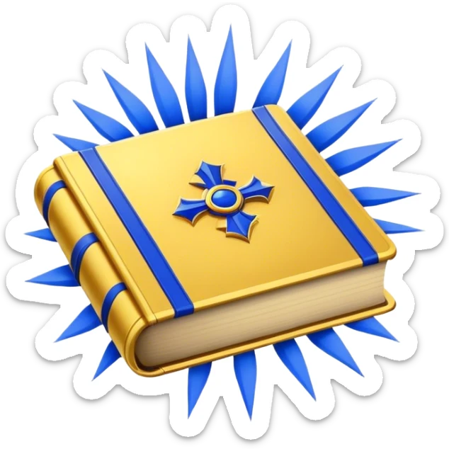 A golden yellow book with royal blue accents, smooth and polished, embossed with a symbol of six pillars, a sun, or a glowing mirror, radiating strength, confidence, and the power of self-worth.  sticker