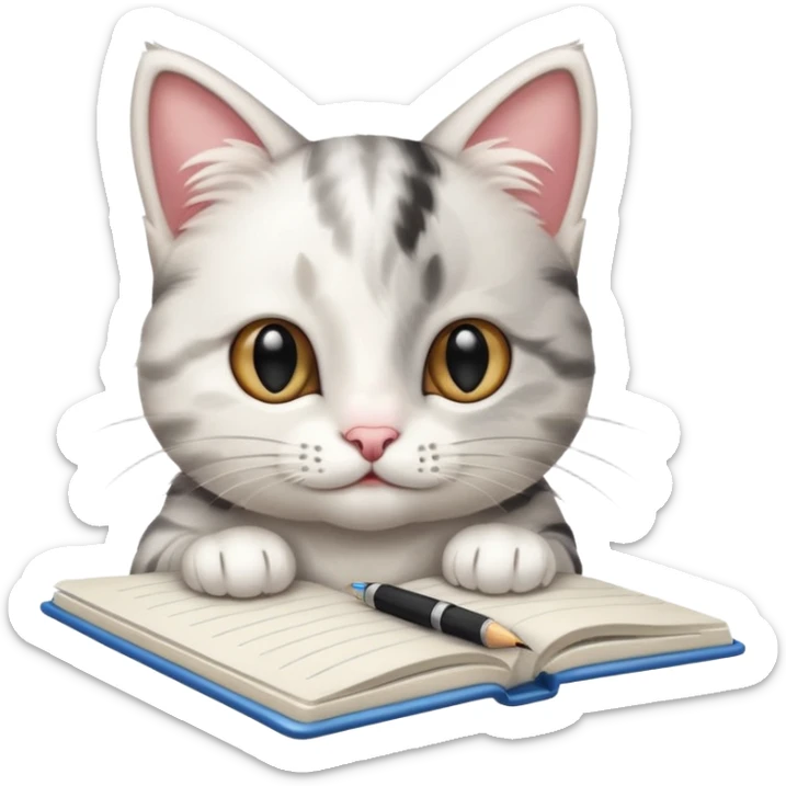 gatita feliz blanca con manchas negras atigradas viendo una libreta anillada  sticker