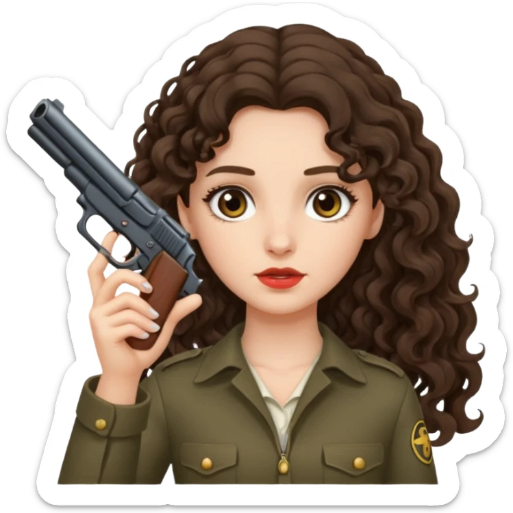 A brunette with long wavy, curly hair girl who is about to kill herself with a littlr gun pointed at her temple sticker