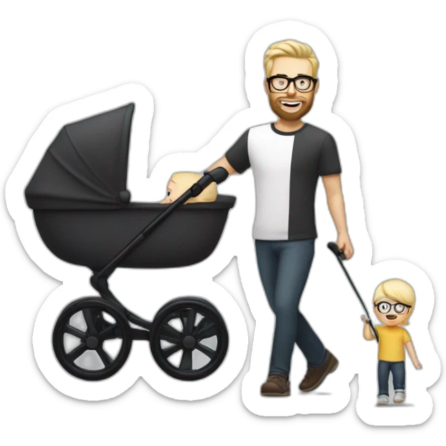 White man with Black hair,  beard and glasses pushing buggy with blonde baby sticker