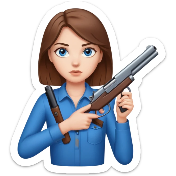 White girl brown hair blue eyes holding gun at you sticker