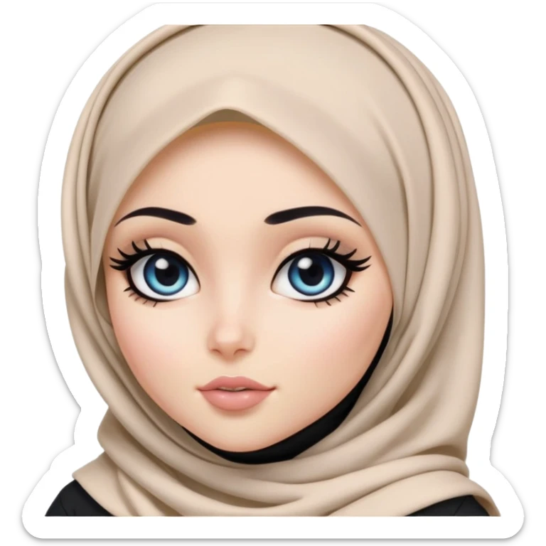 pretty bratz girl, hijabi, dark blue eyes, black eyeliner, pale skin, black clothes sticker