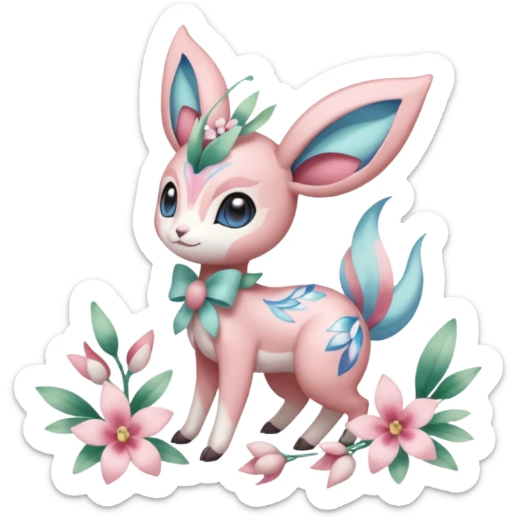 Cute Romantic Realistic  Floral Meloetta-Sylveon-Palkia-Cresselia-Digimon-Pokémon-Fakémon-hybrid-fusion, full body sticker