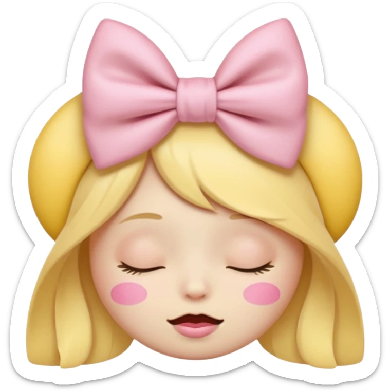 classic yellow laughing emoji with a very pretty pale pale pink bow no nose and closed eyes sticker
