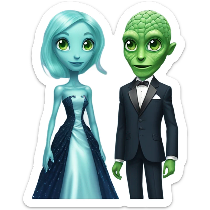 green reptilian alien woman, in long slim pastel blue formal party satin dress with gradient shiny sparkling navy blue diamonds embroidered , and caucasian man in black dress sticker