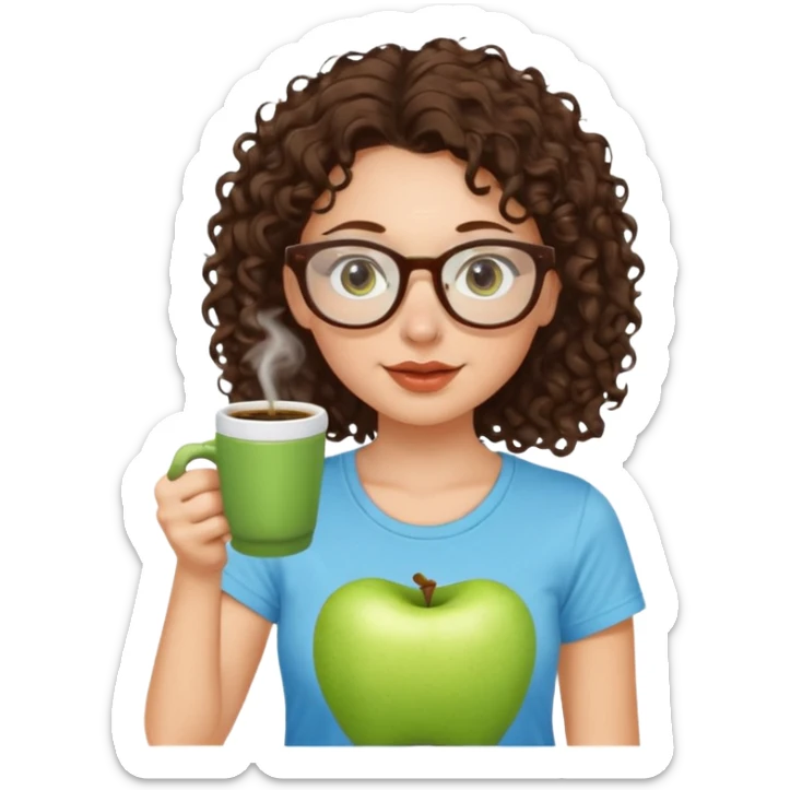 White girl with dark brown curly hair, brown eyes, sky blue glasses, nose ring, apple green t shirt, drinking coffee from a glass cup sticker