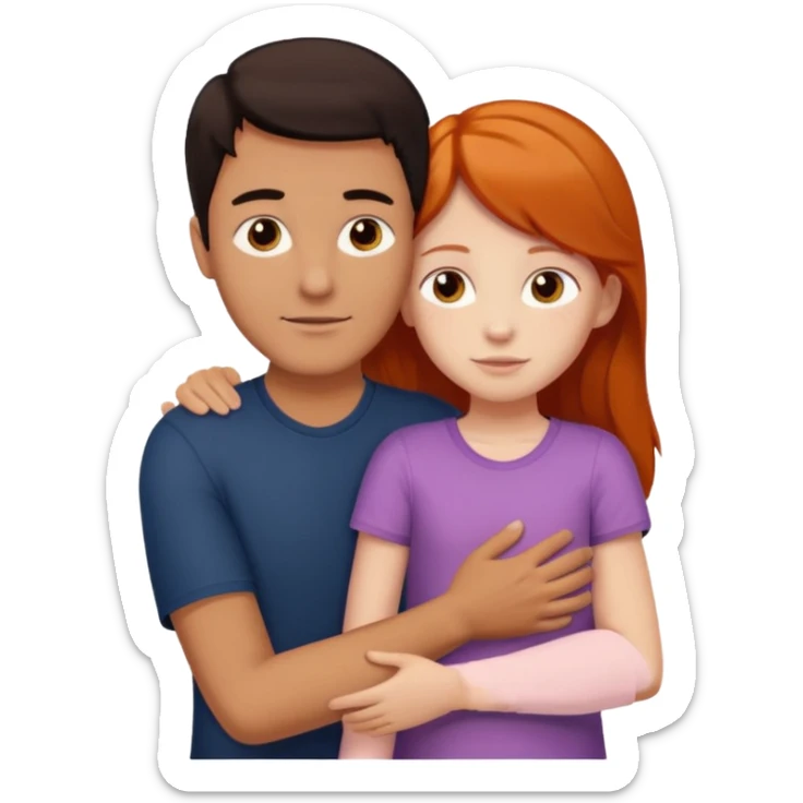 A tall dark-haired tanned man and a small ginger-haired girl hugging sticker