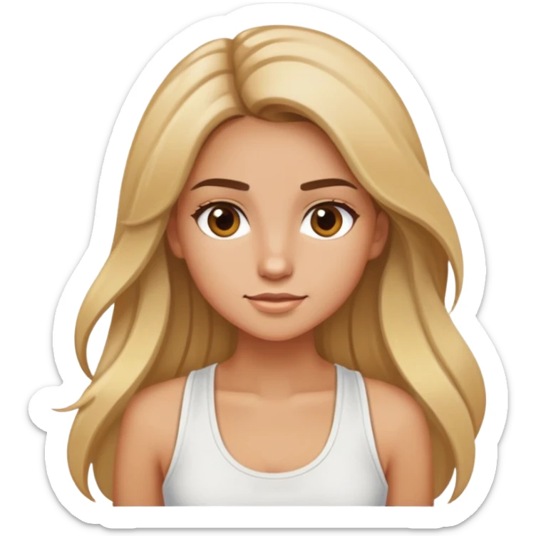 Realistic portrait of tan girl with long brown hair with blonde highlights wearing white tank top sticker