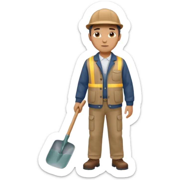 male worker 1950, wearing a flat cap, jacket and trousers, standing holding a shovel sticker