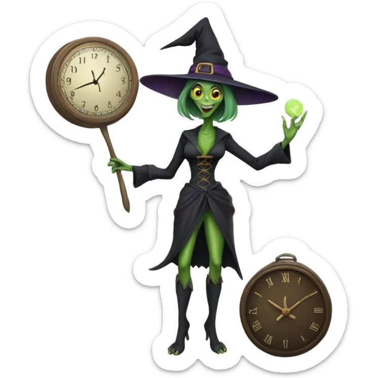 a Reptilian alien woman, as witch, holding holding a big clock, full body, happy sticker
