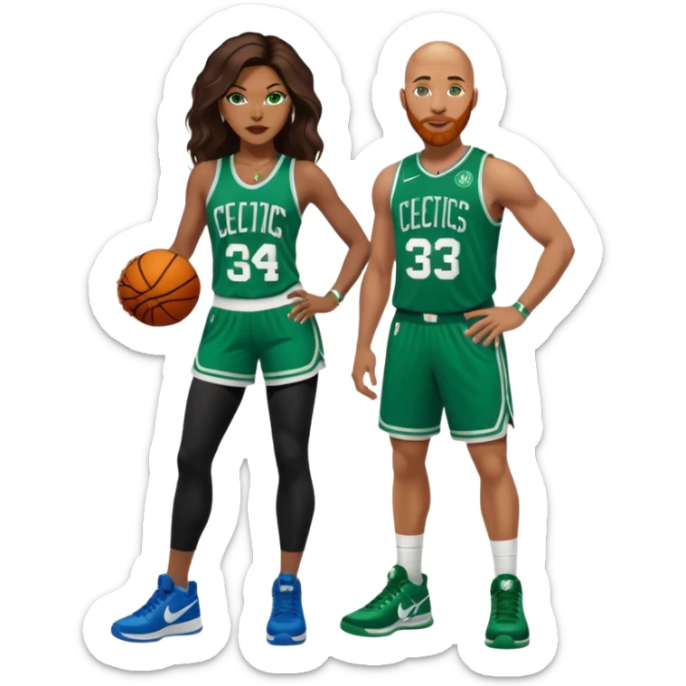 48-year-old black woman with brown eyes, long dark brown balayage hair dressed in sexy 
celtics jersey costume outfit & stilettos. Abald white man with ginger beard. he has blue eyes, wearing a Jason Tatum Boston Celtics Jersey, matching Nike sneakers  sticker