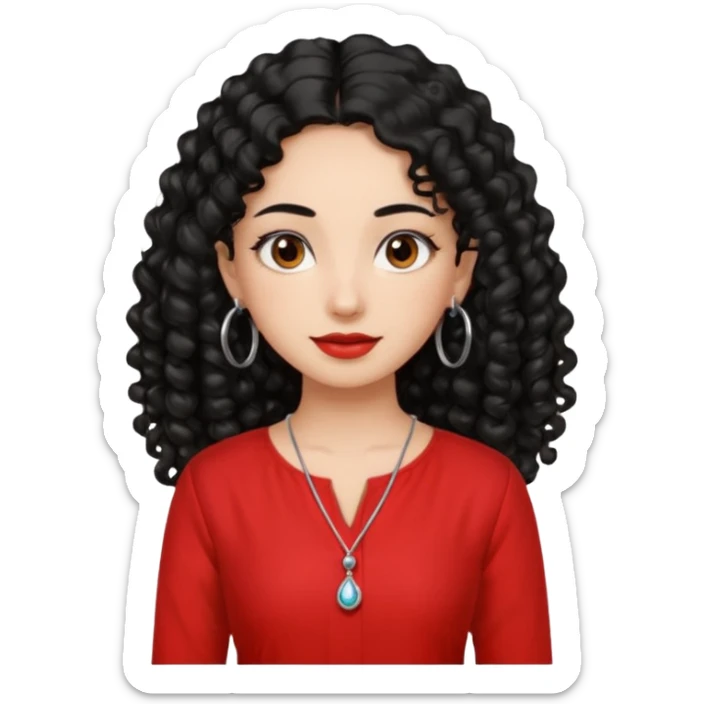 generate a pretty bratz girl with a red kurti, long black curly hair, hoops, sticker