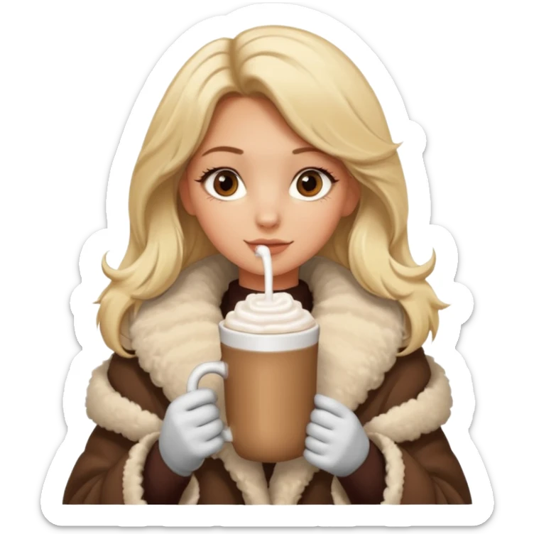 Tanned Girl with lashes , blonde hair, in an extremely big fluffy oversized coat and hold hot chocolate drink sticker