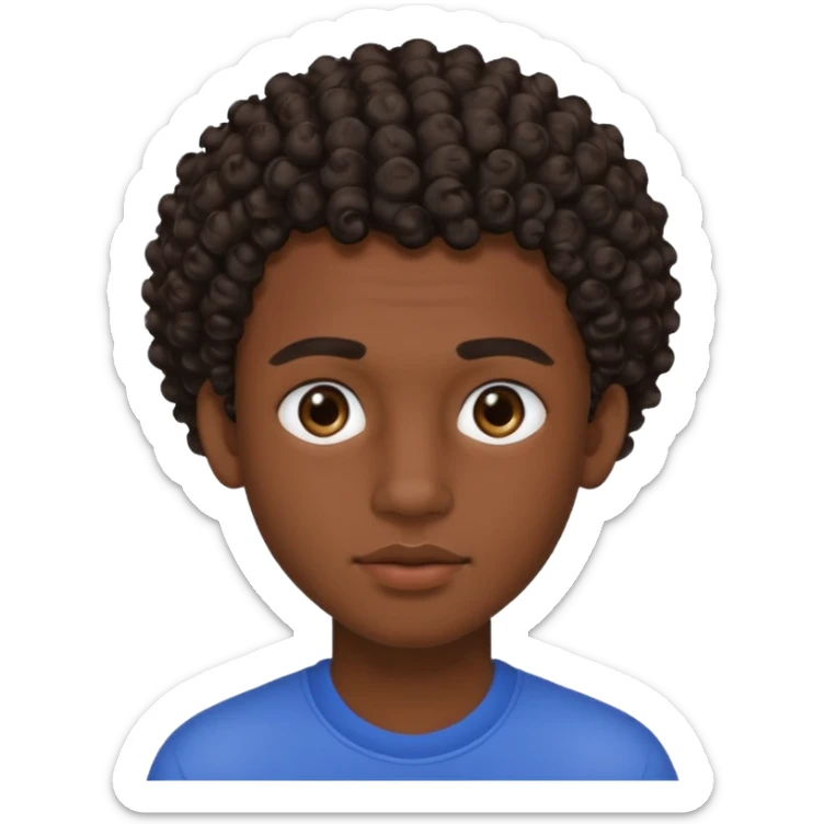 Une homme de 17 ans il a la peau noir foncé , des lèvres pulpeuses des sourcils plus ou moins épais Il a un taper bouclé  mais que au dessus il a un dégradé sur les côtés  sticker