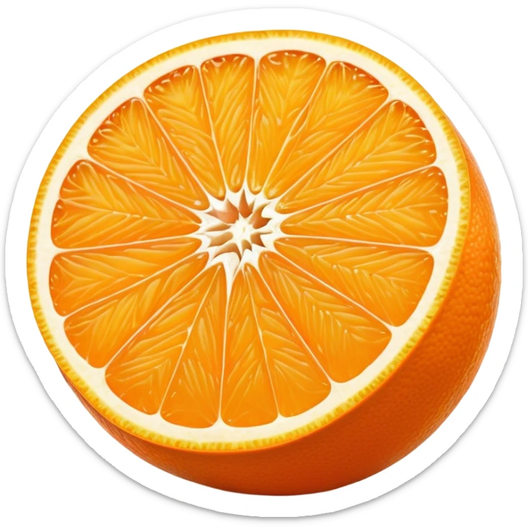 Cinematic juicy orange, sliced open to reveal glistening, bright citrus flesh, soft golden highlights, fresh and refreshing, natural and vibrant. sticker