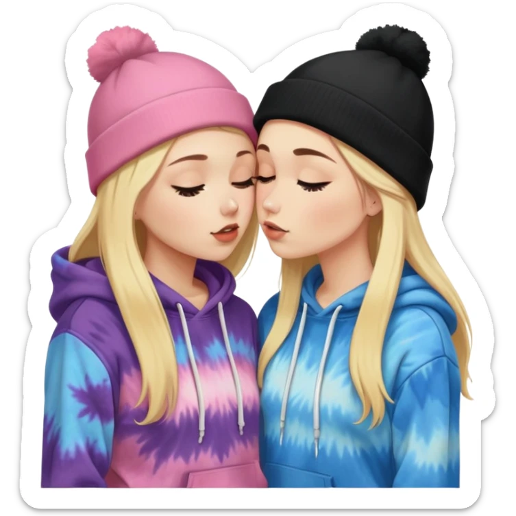 Short brunette white girl in a hoodie and a black beanie kissing a tall blonde girl wearing a black beanie and a tiedye hoodie. make ther brunette shorter than the blonde sticker