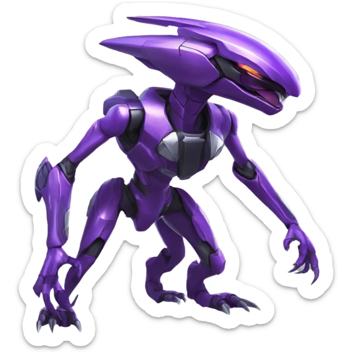 a shiny purpleGenesect-Raptor-Fakémon—hybrid with a futuristic visor-helmet full body sticker