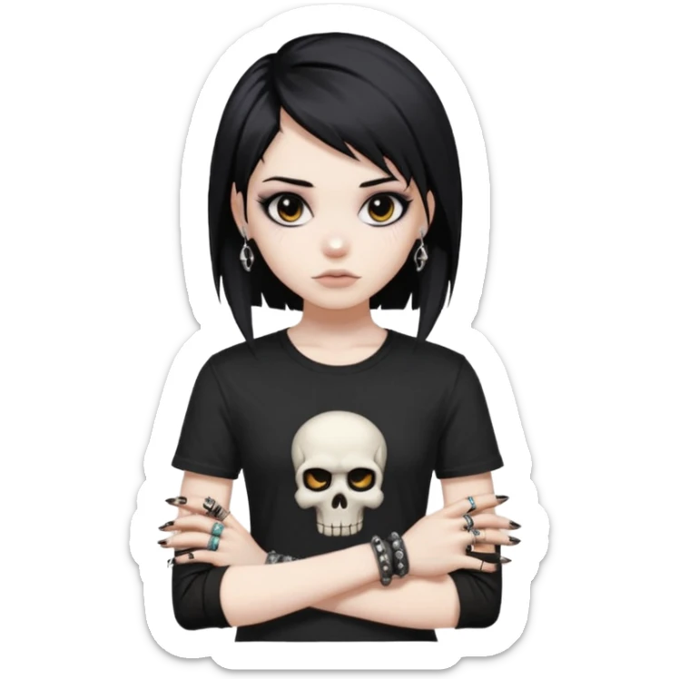 vkei styled black hair, pale skin, brown eyes with eyeliner (emo looking) and black shirt with skull and punk bracelets sticker