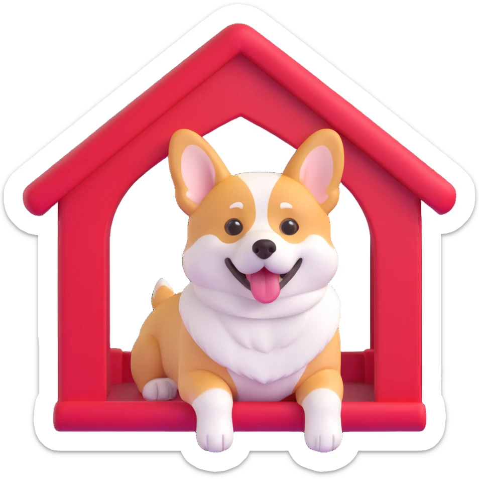 red dog house with a playful and cute Corgi dog inside, clear view of the Corgi, 3D emoji style sticker