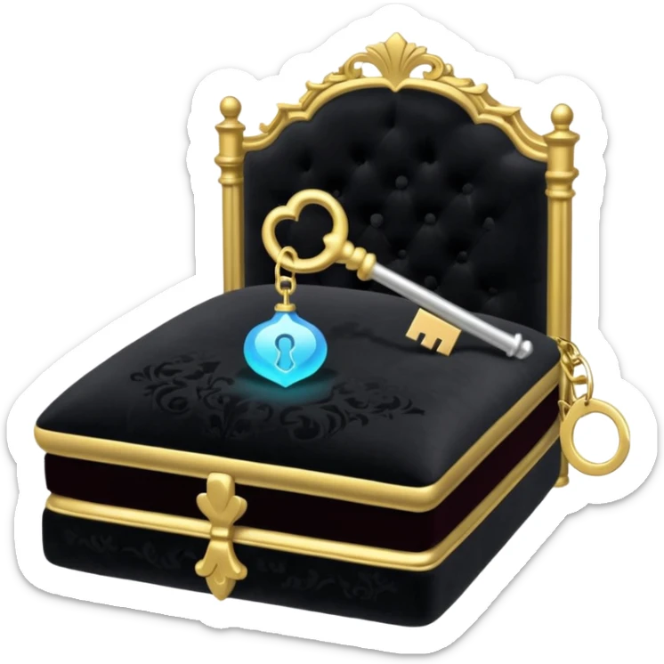A Discord emoji of a black velvet cushion holding a glowing silver key. Ornate, royal gothic style, simple and clean for small scale, white background. sticker