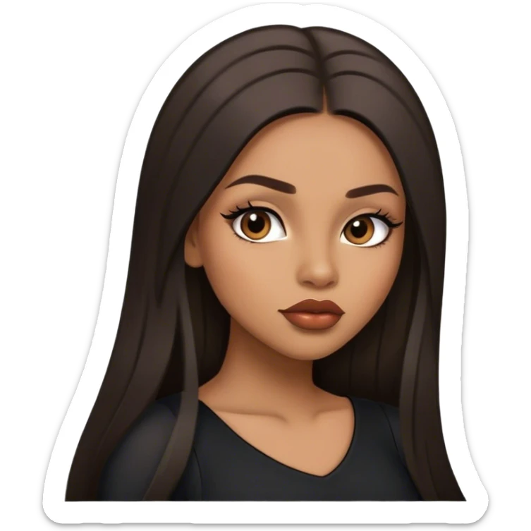 light brown skin tone, very beautiful woman, with big plump lips, long long lashes, black straight long hair, middle hair parting, brown eyes, black dress, sticker