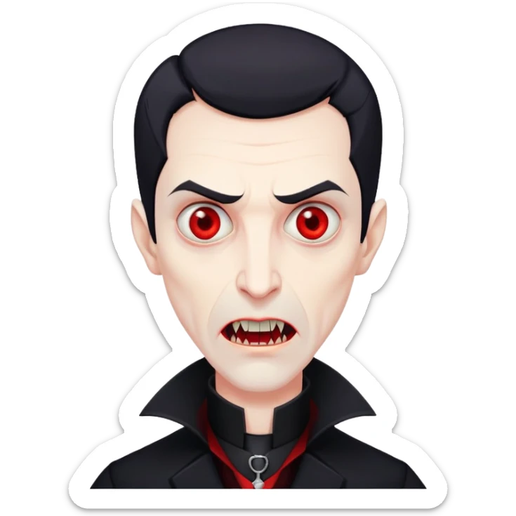 Nam 50 tuổi, mắt đỏ, da trắng, tóc ngắn màu đen, có răng nanh, mặt hơi đáng sợ như ma cà rồng, áo măng tô cổ cao màu đen sticker