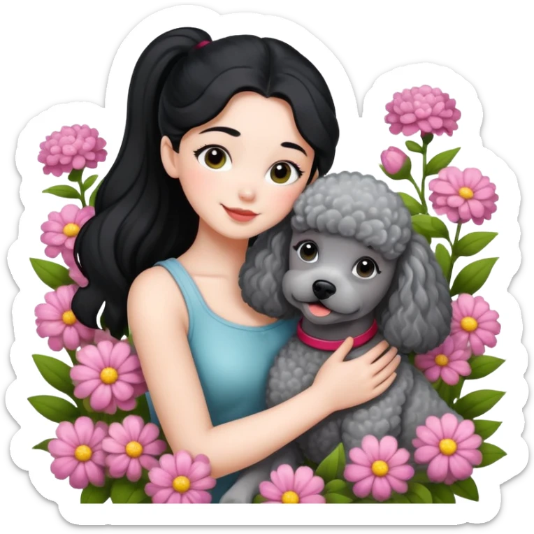 A beautiful girl with black ponytail happily hugs a gray poodle in the flowers sticker