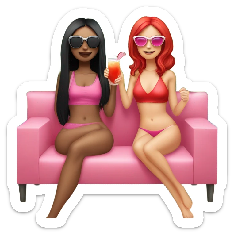 Two girls. One of them with long black hair, sunglasses on, red swimming suit, another one is short red hair, pink swimming suit, both drink cocktails and laying on the outdoor couch. Both a white skin sticker