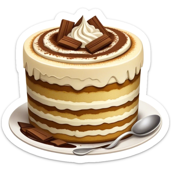 Tiramisu Cinematic Realistic Tiramisu Dessert Emoji, depicted as a delightfully messy, layered tiramisu with coffee-soaked sponge and mascarpone cream, rendered with rich textures and warm, indulgent lighting. sticker
