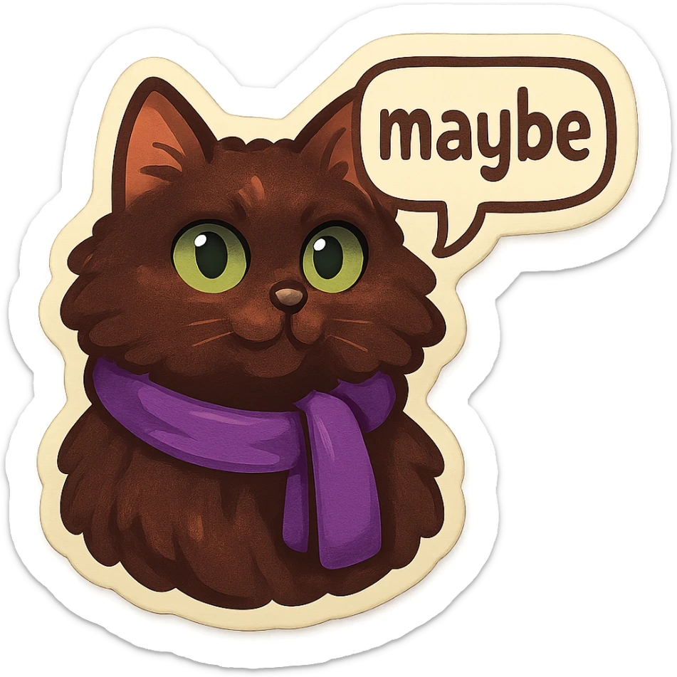Fluffy dark-brown cat with green eyes and a purple scarf saying ‘maybe’ (with a speech bubble) sticker