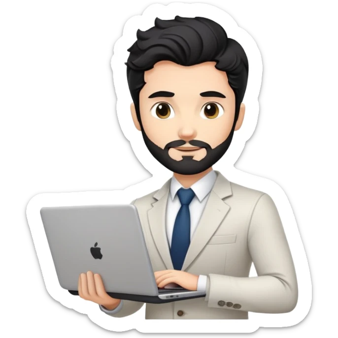 Professional 35-year-old man with black wavy hair, stubble, strong jawline, white skin tone, wearing smart casual business attire, holding a laptop, with a confident approachable expression sticker