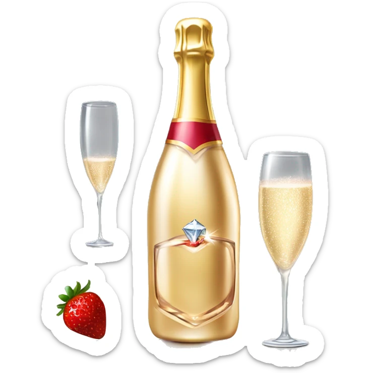 Realistic sparkling diamond glam bottle of champagne with matching skinny glass filled with the champagne with strawberry in the bottle of glass. sticker