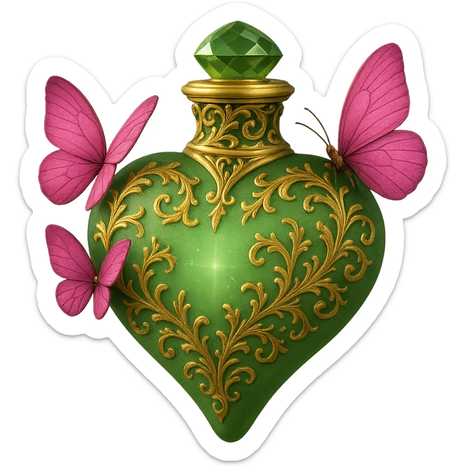 Enhance the green bottle with gold details and pink butterflies in a matte glass style. Keep the overall shape and colors, making the design cleaner and more elegant, with sharper and more detailed features. sticker