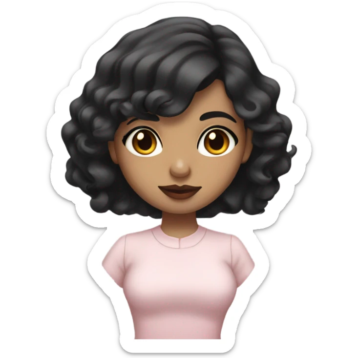 A South Asian girl with pale skin, black wavy short hair and pale pink lips sticker