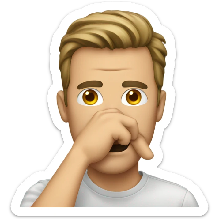Guy holding nose emoji in front of his face that is the groaning emoji sticker