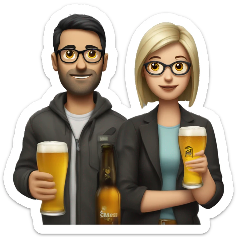 Man with straight short hair with glasses and stub. Woman with straight dark hair with glasses with beers in hand in Berlin  sticker