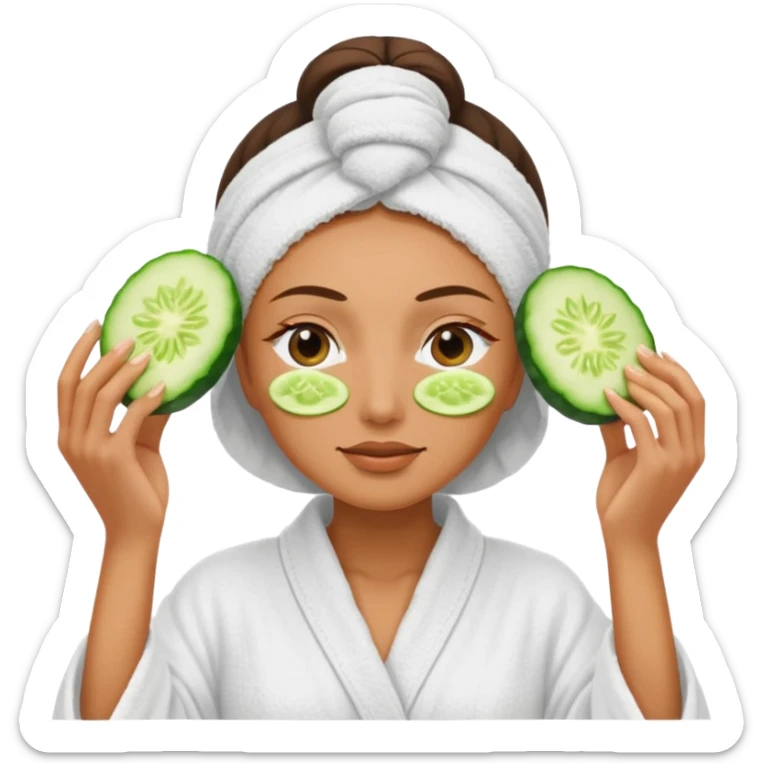 woman at the spa with cucumbers slices covering her eyes and tan skin tone with towel completely covering hair and robe on sticker