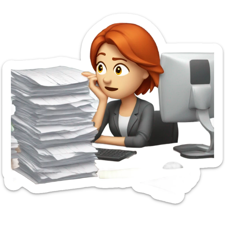 red hair woman frustrated desk monitor stack paper sticker