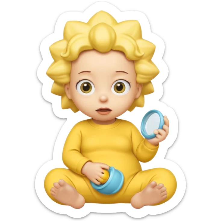 A 3D cartoon baby character fully yellow skin, styled like Maggie Simpson, with pacifier, yellow onesie, big eyes, smooth shading, Memoji-style rendering, consistent with other yellow Simpsons characters. sticker
