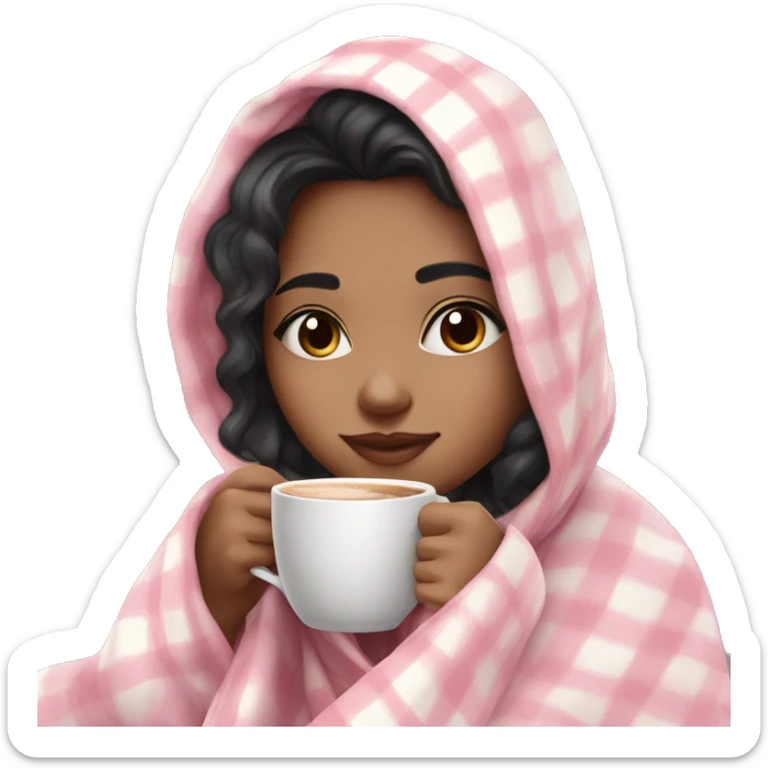 A cute black hair girl wrapped in pastel pink plaid blanket drinking coffee sticker
