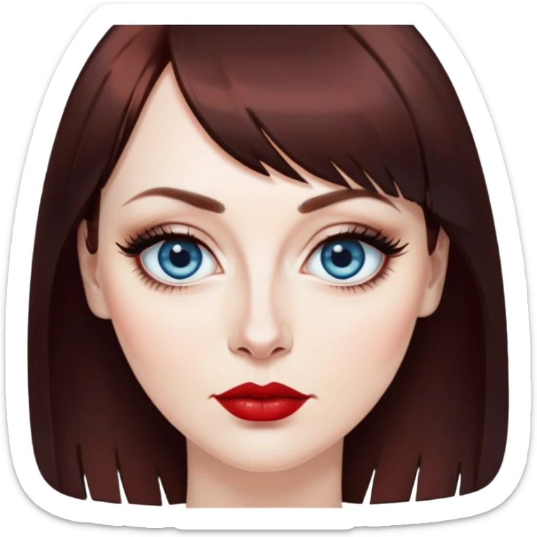 Artistic woman in her 40s with pale skin, oval face, large blue eyes with eyeliner, thin eyebrows, small nose, red lipstick, dark auburn hair with bangs, wearing a black top, mature creative expression sticker