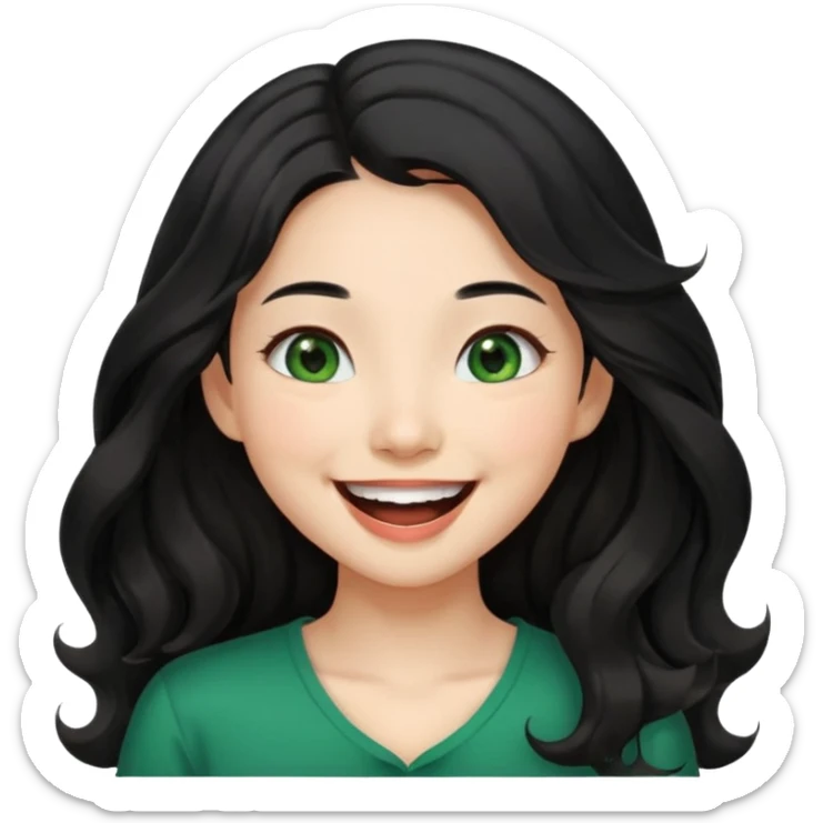 Beautiful Asian girl with long black hair. Beautiful girl with wavy brown hair and green eyes. Laughing together.  sticker