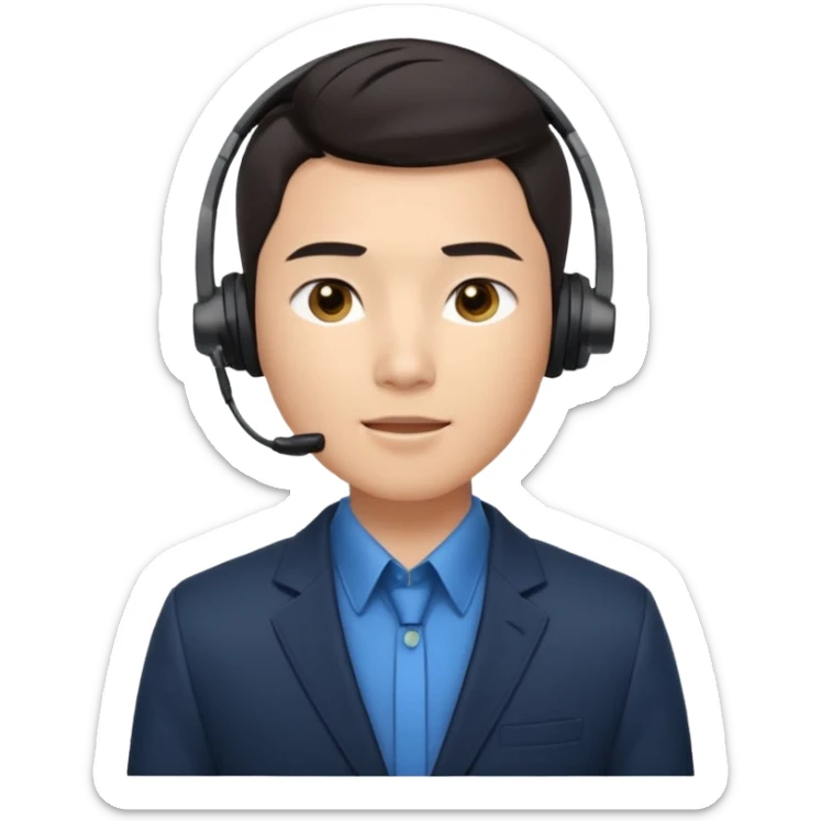 A young Asian man with smooth light skin, dark hair that swoops upward in the front, expressive eyes, a clean-shaven face, and a call-center style headset over one ear, usually paired with a crisp shirt and suit jacket visible from the chest up. sticker