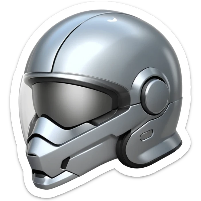 A futuristic helmet emoji made of silver chrome, smooth aerodynamic shape, minimal visor detail, reflective metallic surface, sci-fi aesthetic, iOS emoji style, centered on clean white background sticker