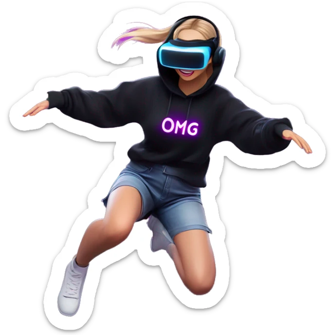 Russian girl wearing black hoody with violet letters "OMG", in vr headset oculus quest2. jumping. Cyberpunk style. Violet neon. sticker