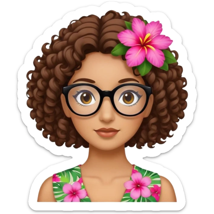 Chica rizada con cabello café, con pestañas y lentes negros, con una flor hawaiana con el cabello al lado sticker