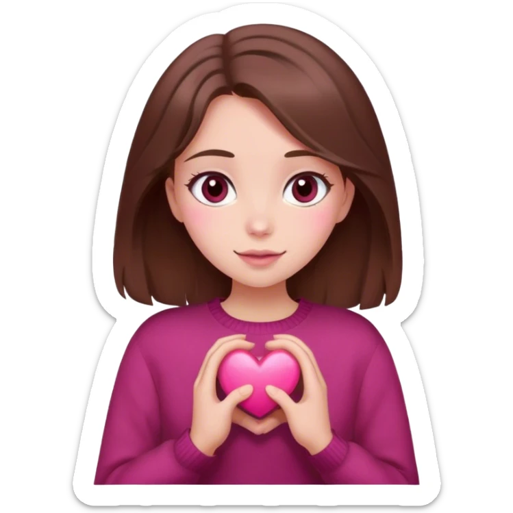 A girl with brown hair smiles, gray eyes, wearing a burgundy sweater, holding a pink heart in her hands sticker