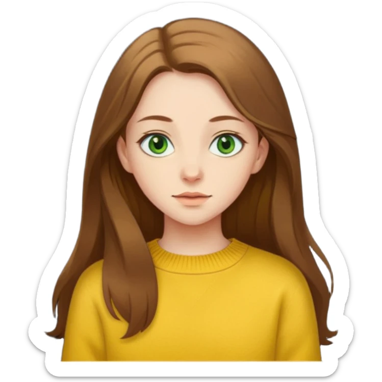 please create an emoji of a semi pale girl with long brown hair, green eyes, wearing a yellow sweater sticker