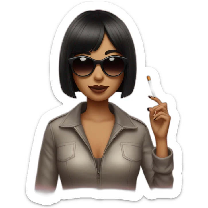 girl with black bob hair with bangs and sunglasses who is holding a cigarette sticker