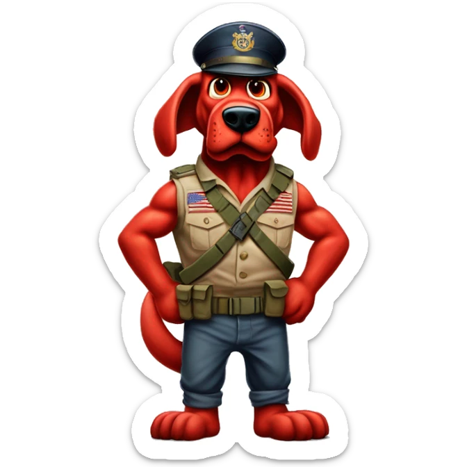 Desert storm humanoid Clifford the big red dog muscled with tattoos on arms book illustration as a military call of duty character standing alone sticker